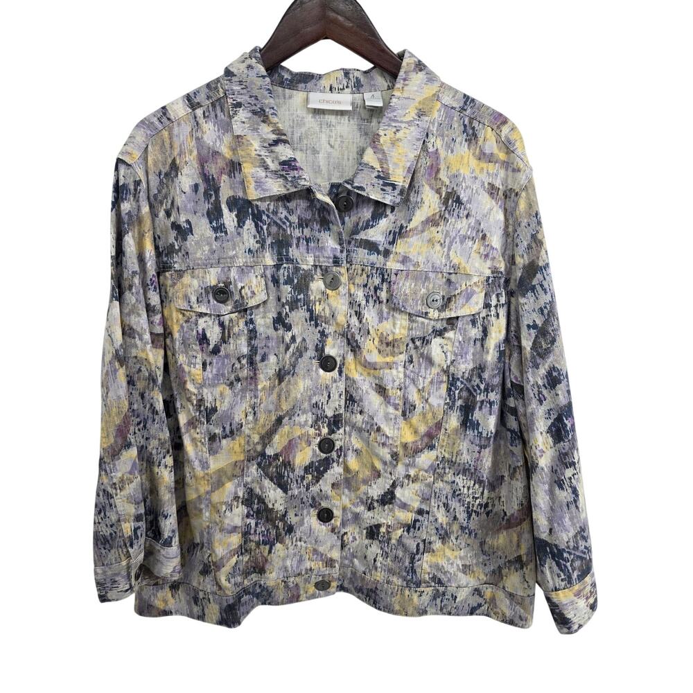 Chico's Linen Cotton Purple Yellow Abstract Jacket Size 4 US Size 20/22